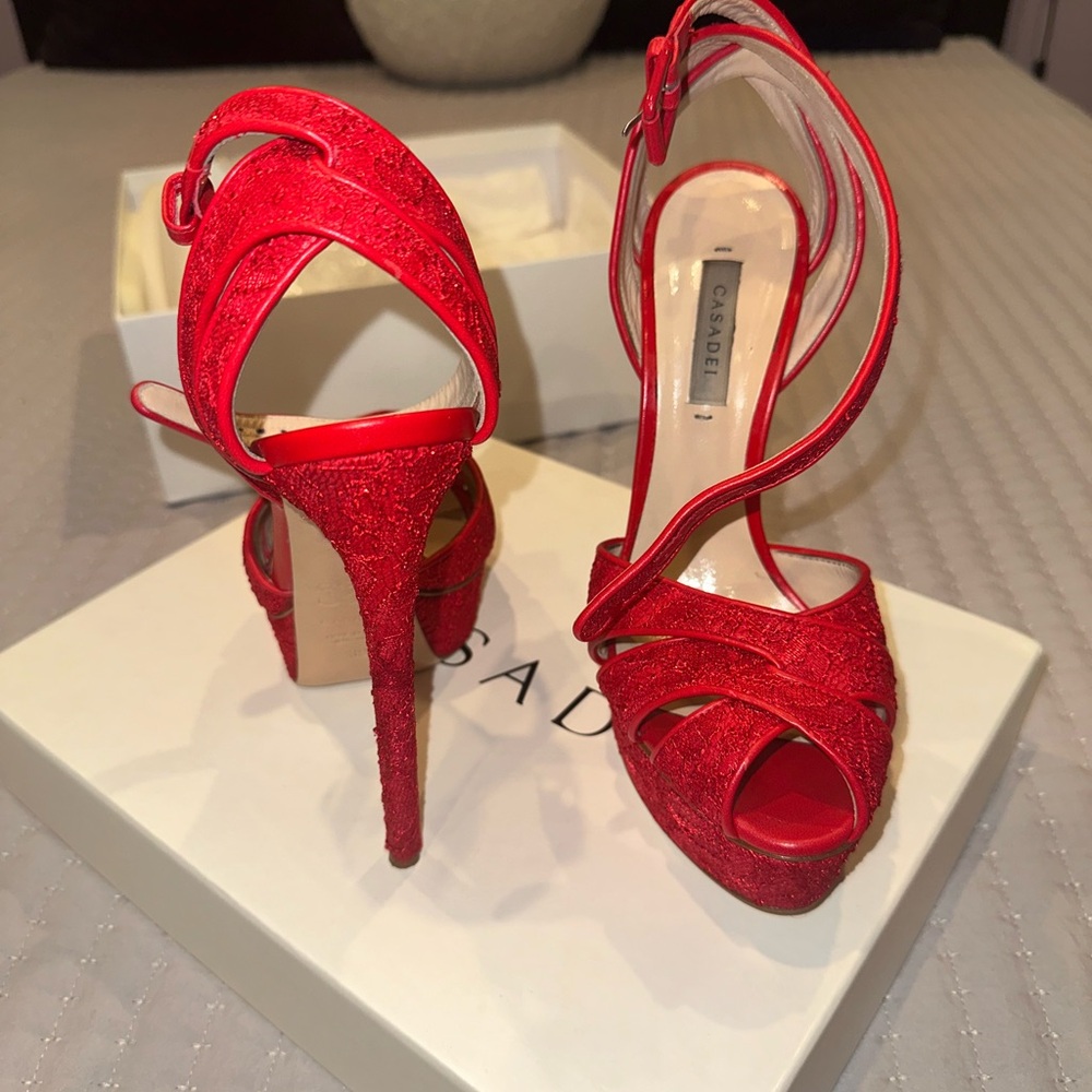 Casadei Red Platform Strap Sandal Heels